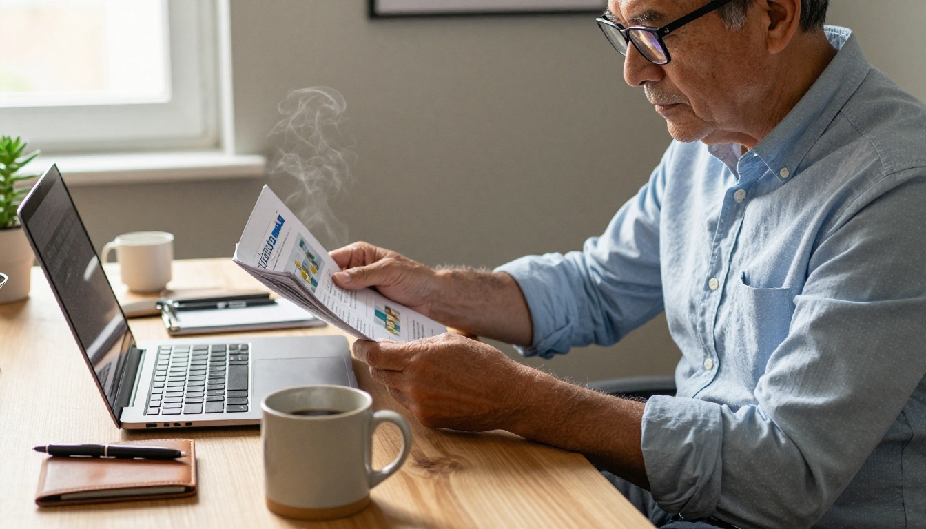 Focused male donor reviewing nonprofit annual reports and digital publications at a home office desk