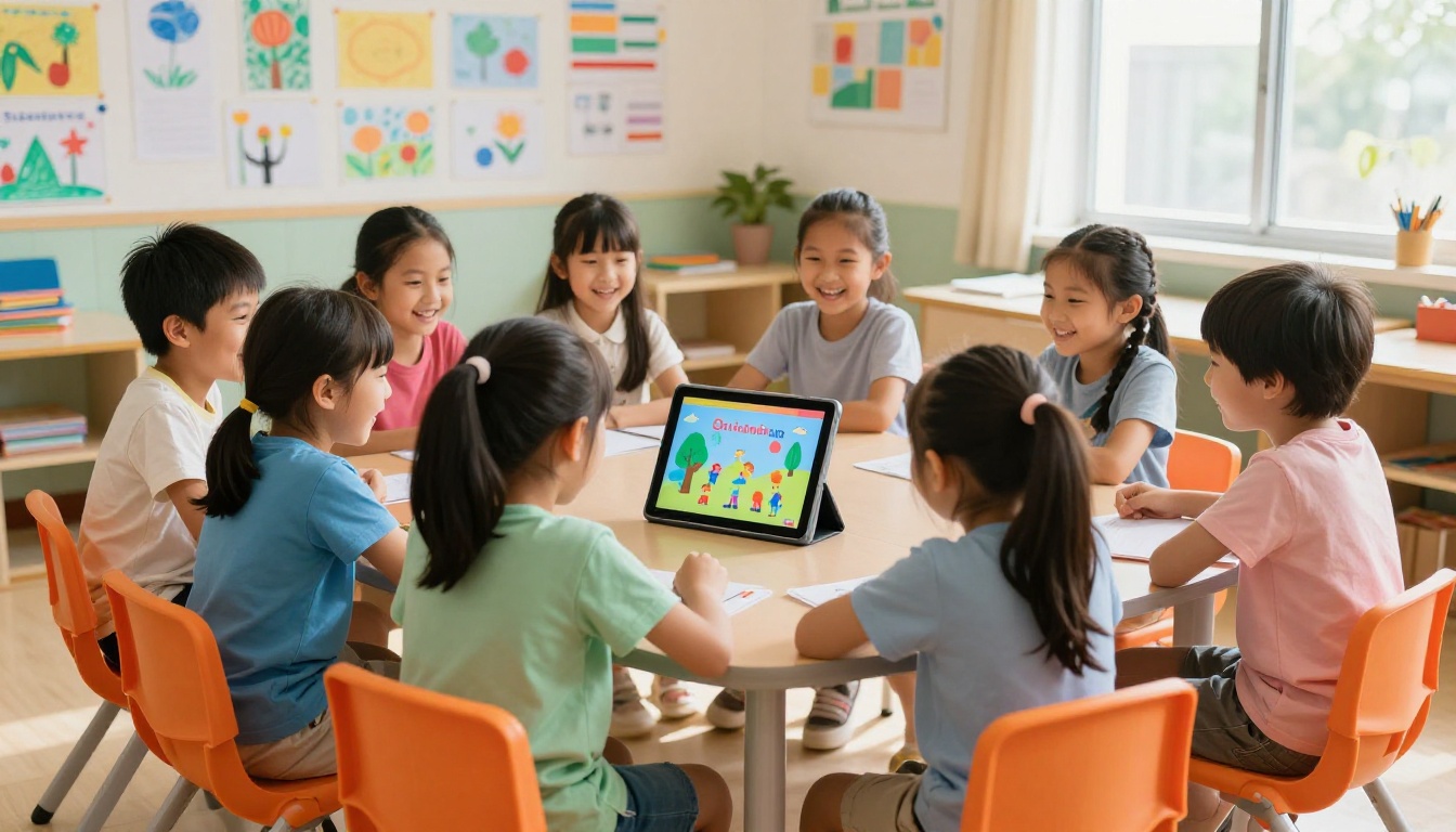 Children from a nonprofit youth program laughing while looking at a digital storybook on a tablet in a sunny classroom