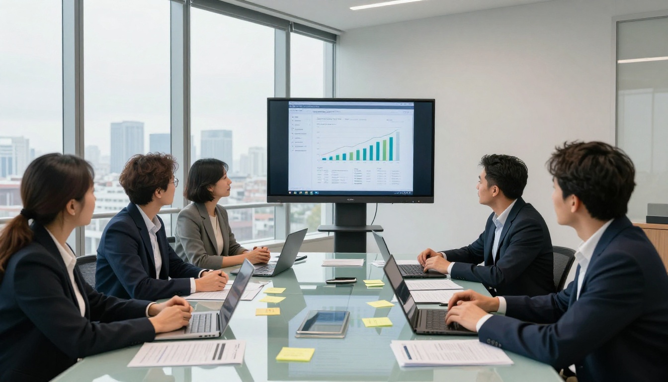 Nonprofit strategy team collaborating around a glass conference table with analytics displayed on a wall monitor