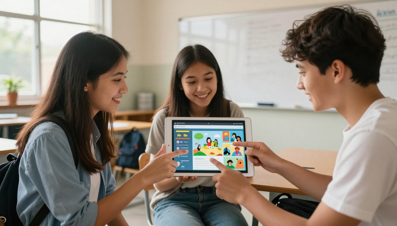 Three middle school students gathered around a tablet showing a colorful digital flipbook in a bright classroom