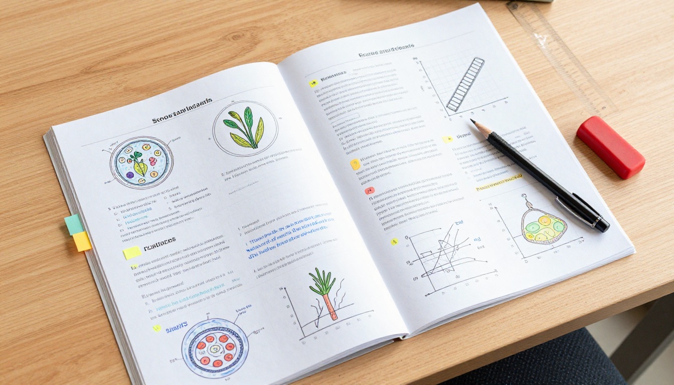 School science project report pages laid out on a wooden desk with diagrams and handwritten labels