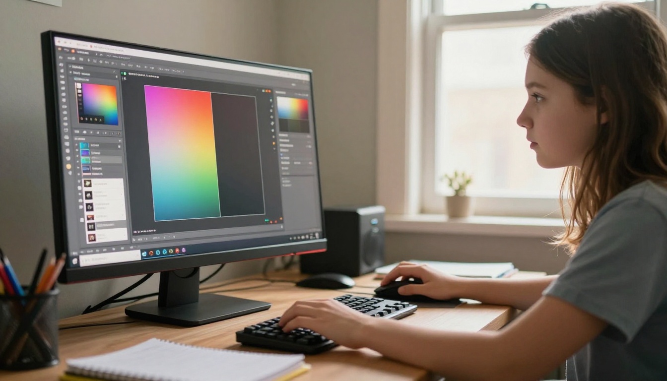 A teenage girl adjusting color palette and theme settings on a digital flipbook customization interface on a desktop computer