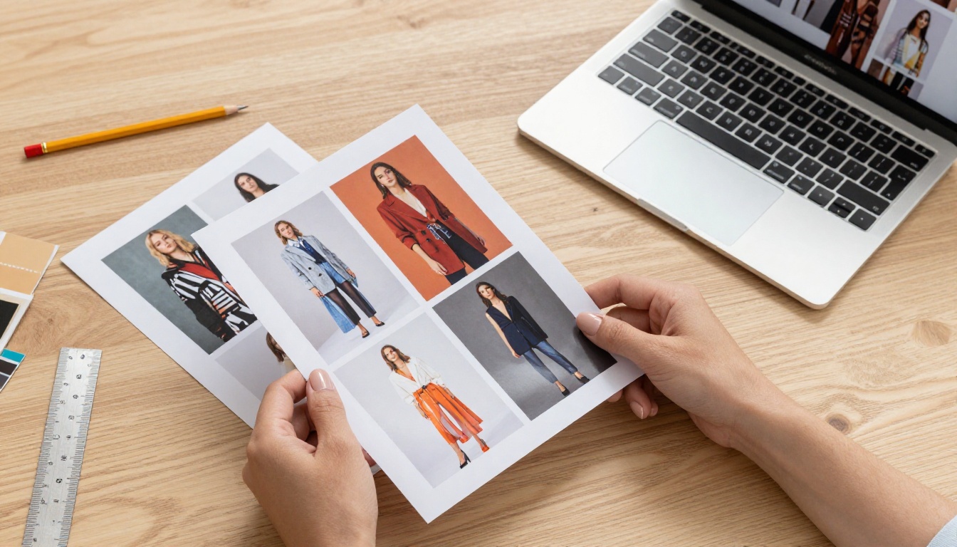 Designer's hands arranging lookbook pages beside a laptop showing the digital version