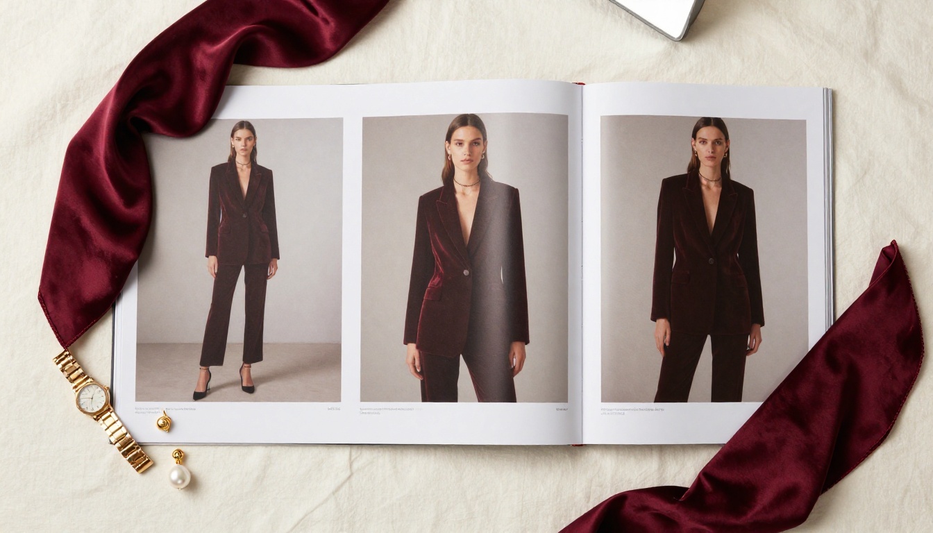 Aerial flat-lay of a luxury fashion editorial spread with accessories arranged around it