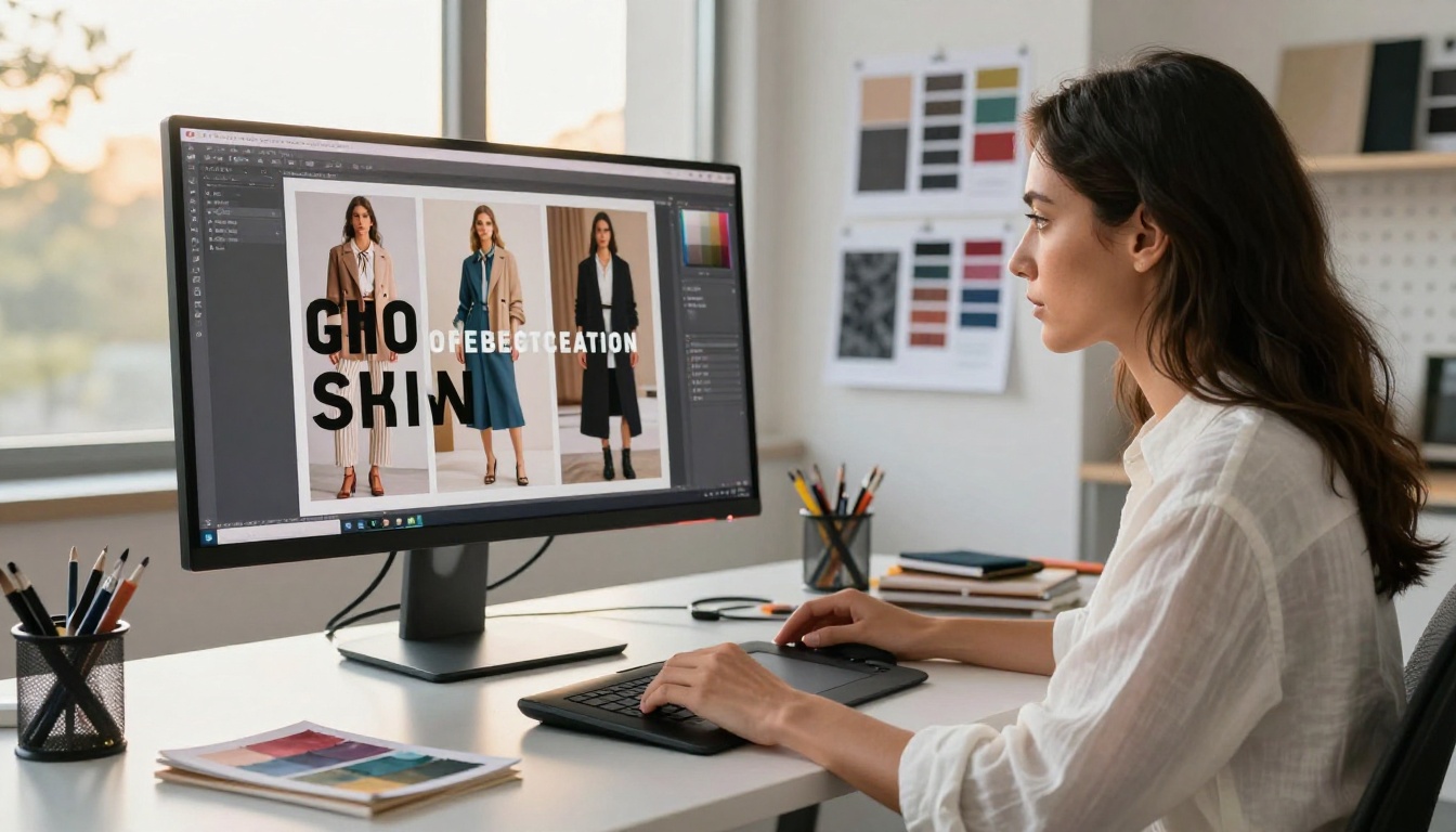 Fashion designer at large monitor workstation reviewing a digital lookbook spread with Wacom tablet