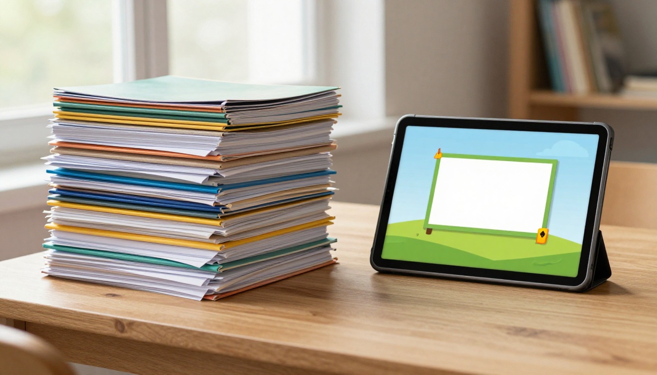 A messy towering stack of printed project binders versus a single clean tablet showing a digital flipbook side by side on a wooden desk