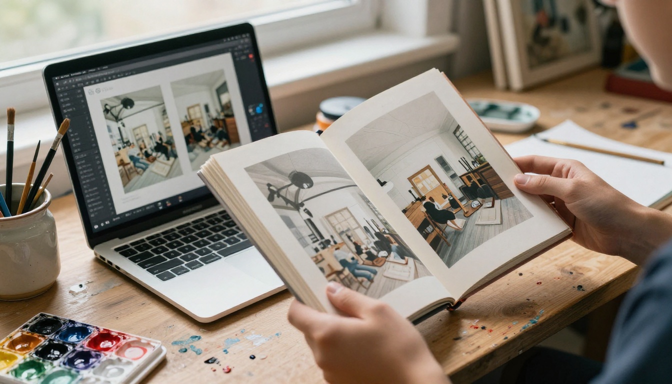 A teenager's open art portfolio book next to a laptop showing the same artwork as a digital interactive flipbook