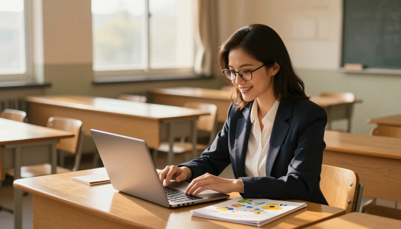 A female teacher reviewing a student's colorful flipbook on her laptop in an empty classroom with late afternoon golden light