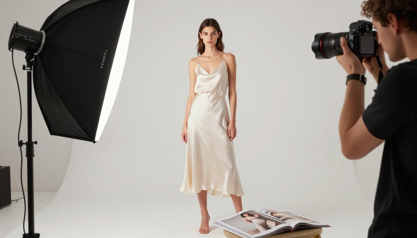 Fashion photographer with Hasselblad camera shooting a model in flowing ivory silk dress in white studio