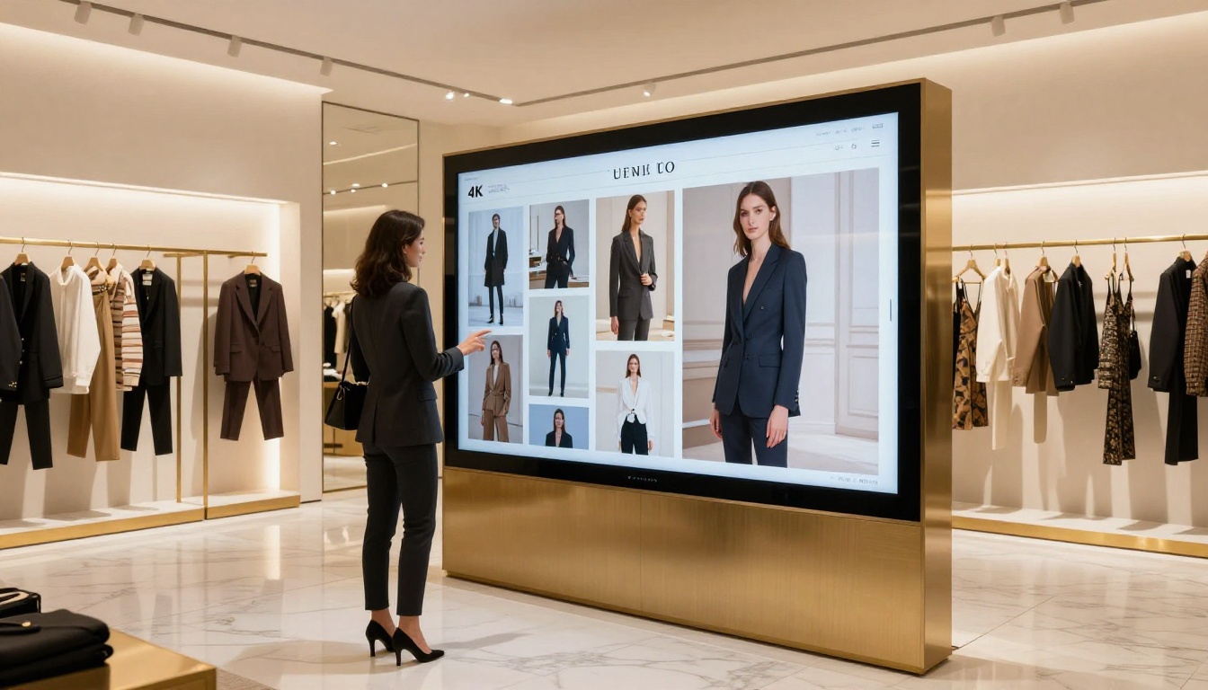 Luxury fashion boutique with a sleek digital display kiosk showing an interactive lookbook on a 4K touchscreen