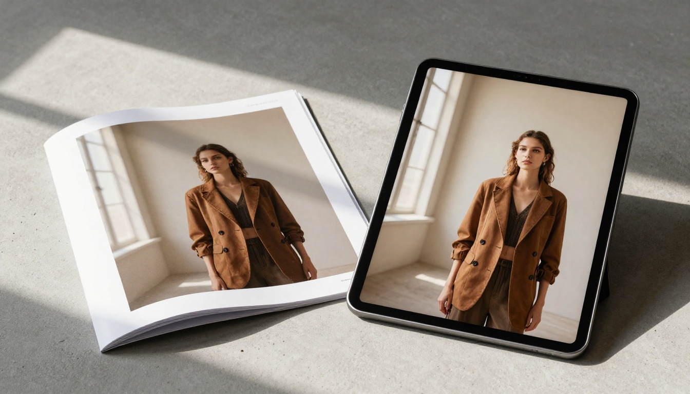 Side-by-side comparison of a printed lookbook and a tablet displaying the identical digital version on grey concrete