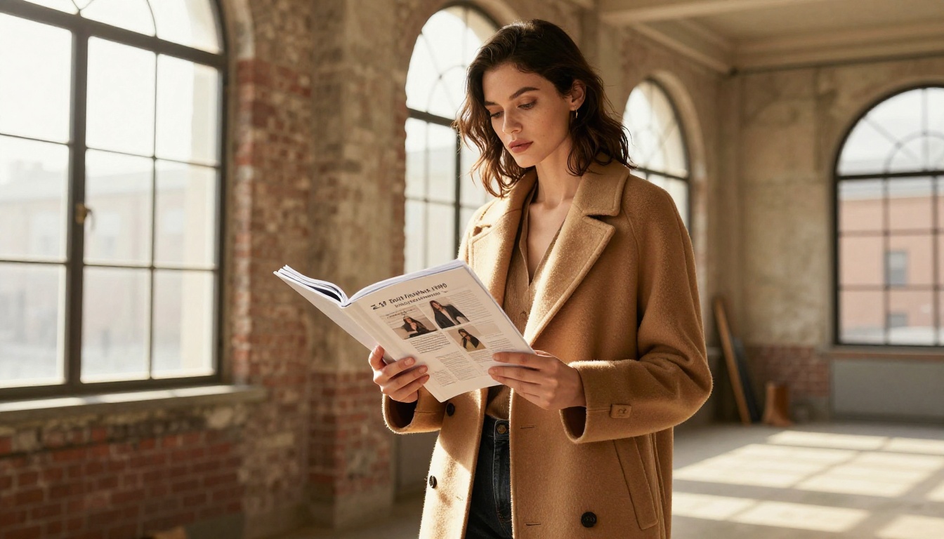 Fashion model in camel coat holding open a printed lookbook in a sunlit atelier with arched windows