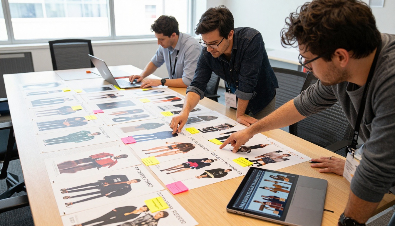 Creative director and designer reviewing large-format printed lookbook proofs on a conference table