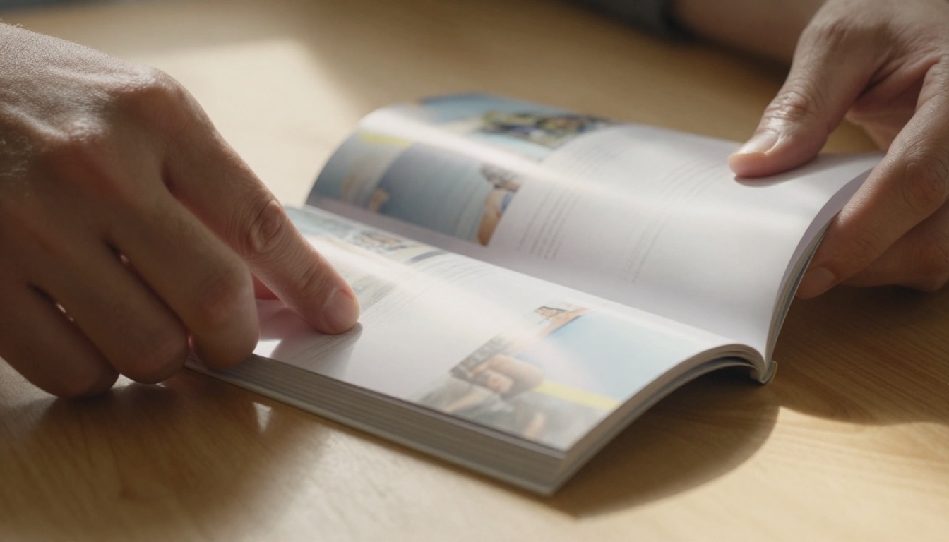 Extreme close-up of hands flipping through glossy printed brochure pages on a light oak desk, one page mid-turn suspended in air, paper grain texture visible, warm side-lighting from a nearby window, shallow depth of field, Kodak Portra 400 film grain, photorealistic 8k