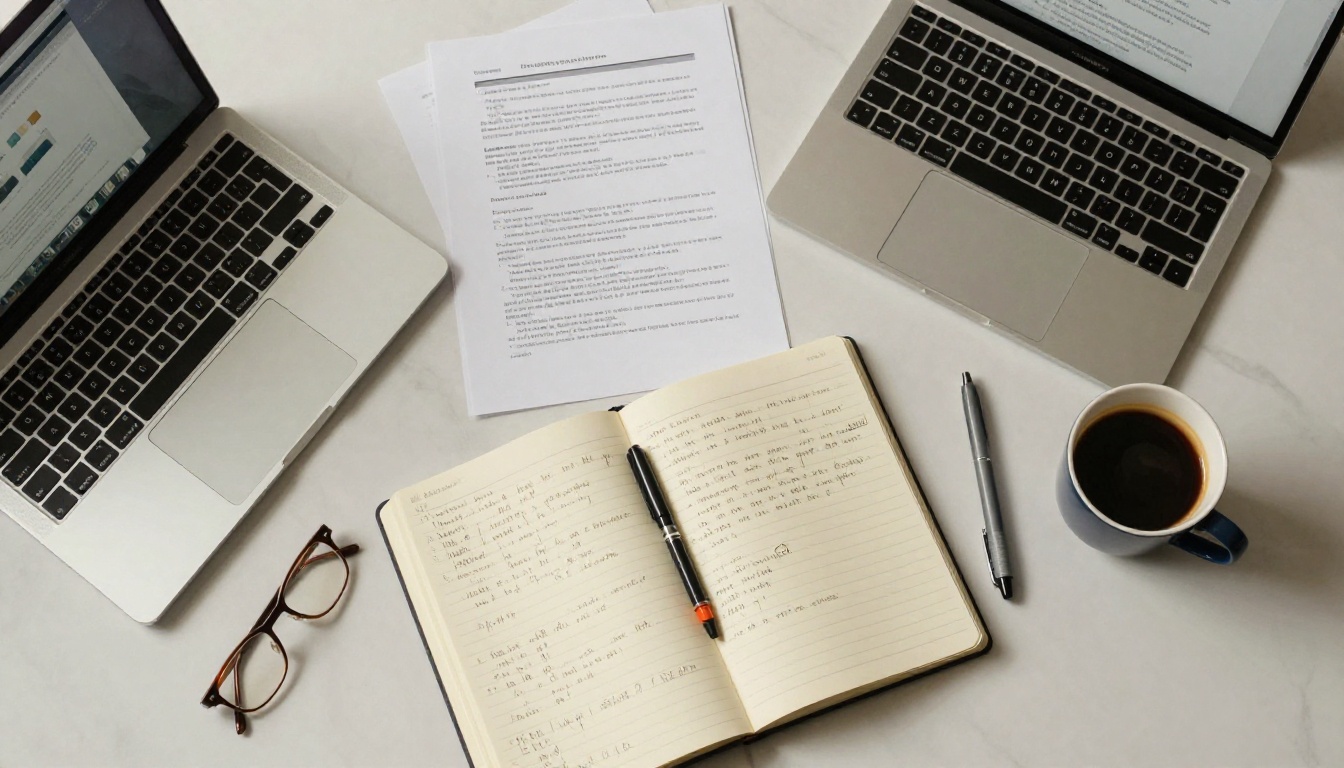 Aerial overhead flat lay of a white marble desk with printed documents, laptop, notebook with handwritten notes, reading glasses, and black coffee, crisp morning light casting soft shadows, photorealistic 8k