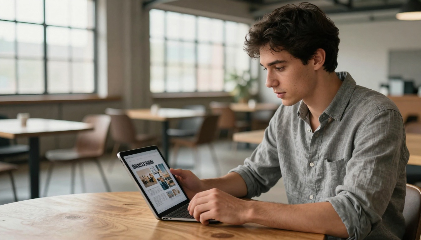 Young professional man in his late 20s seated at a wooden table in a minimalist co-working space, holding a tablet displaying a digital magazine with crisp typography, genuine expression of interest, warm afternoon light from large industrial windows, 85mm f/1.8 lens, photorealistic 8k