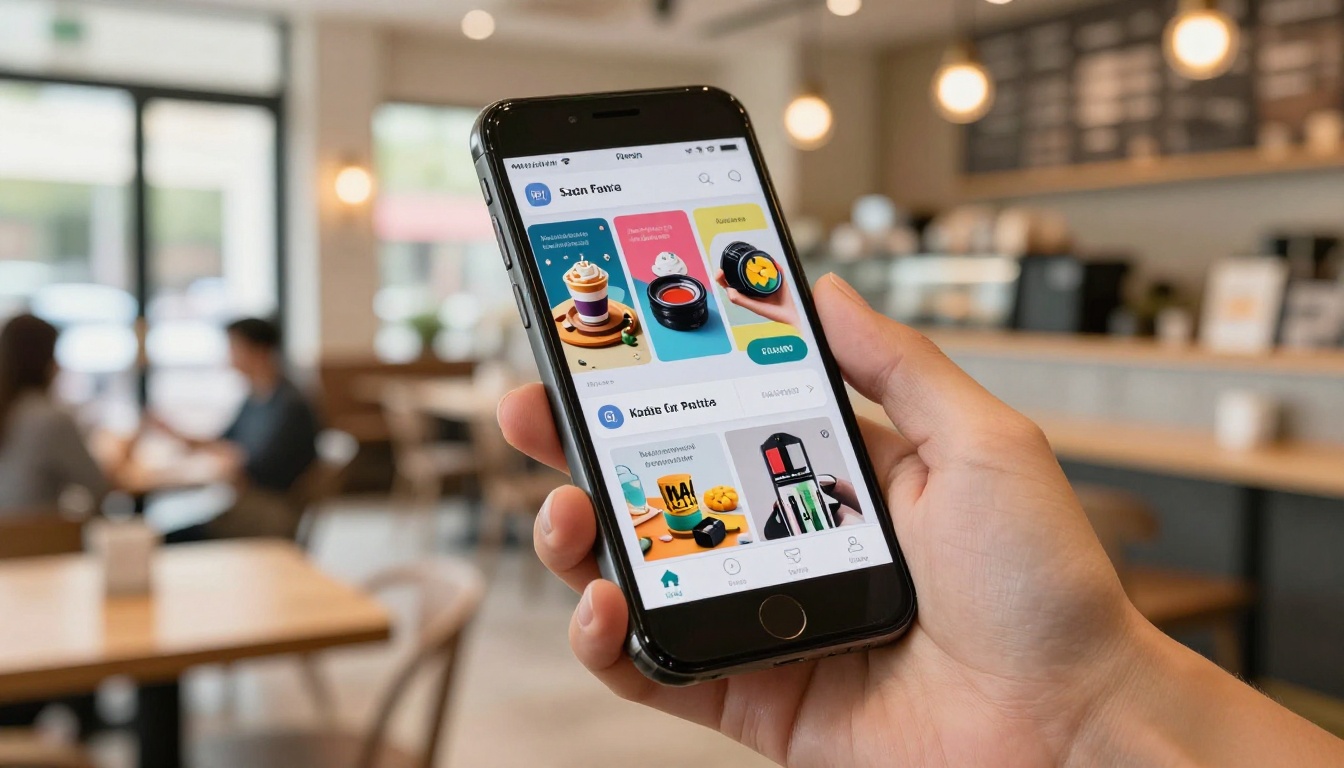 Low-angle shot of a smartphone held in a woman's hand displaying a colorful mobile-optimized digital catalog, background is a bright modern cafe with warm pendant lighting and blurred patrons, natural daylight from cafe windows, 35mm f/2.0 lens, photorealistic 8k