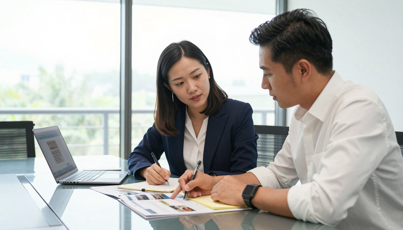 Two colleagues in a bright modern conference room, a woman in a navy blazer and a man in a white shirt leaning over a printed brochure together, the man pointing to a section while the woman takes notes, natural daylight from floor-to-ceiling windows, 50mm f/2.0 lens, photorealistic 8k