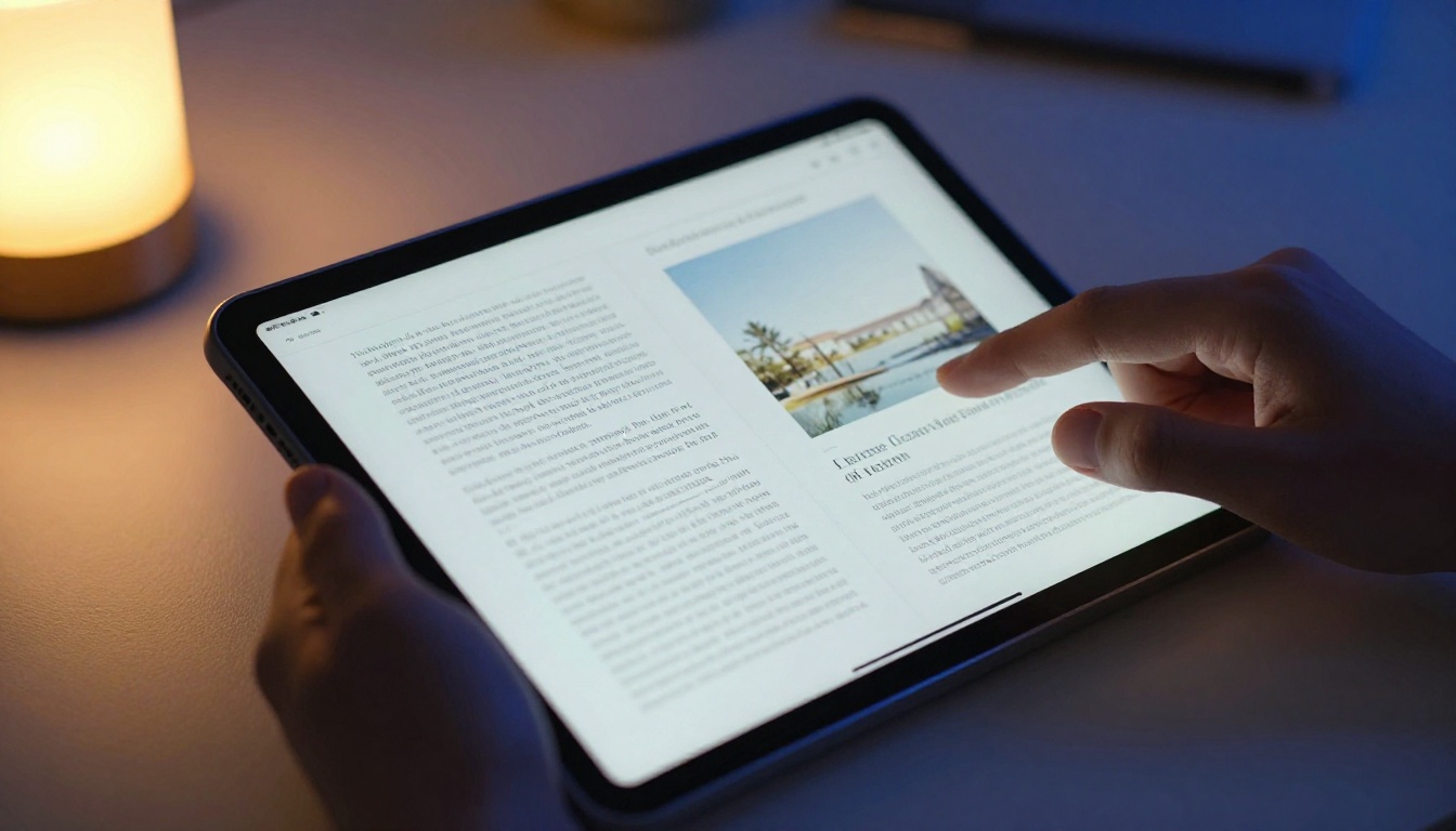 Close-up of a hand scrolling through a tablet displaying a beautifully formatted digital publication with crisp typography, a warm desk lamp casting amber light mixing with cool ambient office light, 85mm macro lens, photorealistic 8k