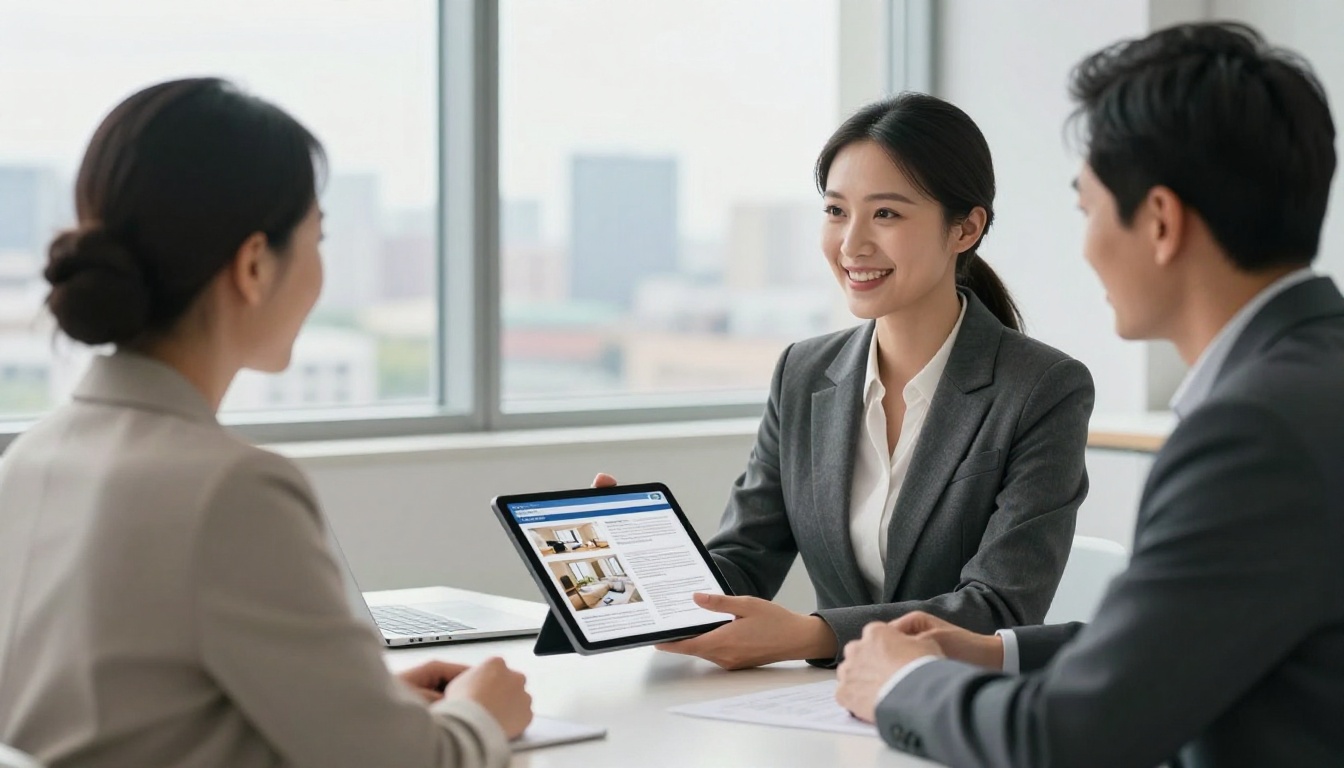 Professional woman in a charcoal blazer presenting a tablet with a property brochure to a smiling couple in a bright modern real estate office, floor-to-ceiling windows with city skyline bokeh, 50mm f/1.8 lens, photorealistic 8k