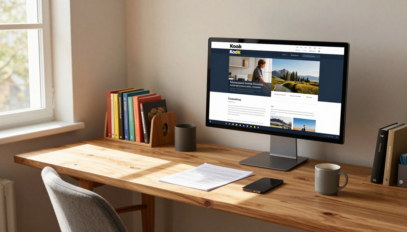 Wide shot of a modern home office with a large widescreen monitor showing two website interfaces side by side for comparison, natural daylight casting a diagonal light bar across the wooden desk, small bookshelf with colorful spines in background, Kodak Portra 400 film grain, photorealistic 8k