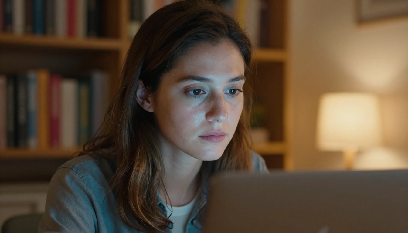 Close-up portrait of a focused woman in her early 30s looking intently at a laptop screen in a warm cozy home office at dusk, laptop glow illuminating her cheekbones, blurred warm bookshelves in background, 85mm f/1.4 lens, Kodak Portra 400 film grain, photorealistic 8k