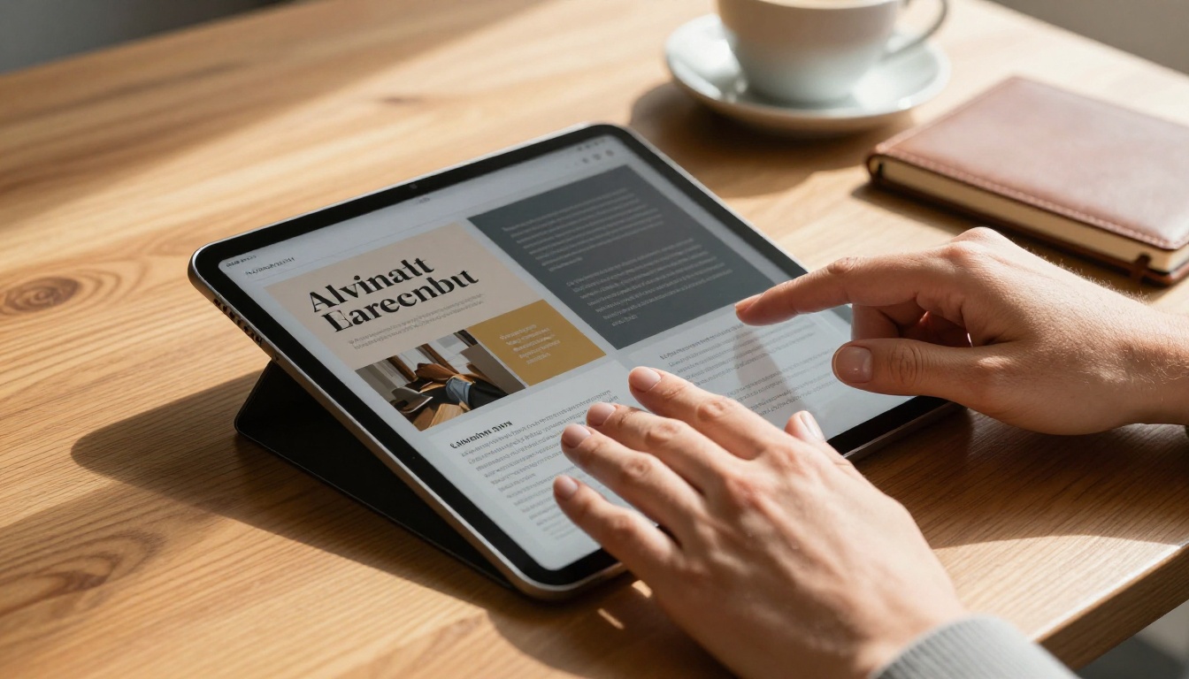 Business professional scrolling through an interactive proposal on a tablet Business professional scrolling through an interactive proposal on a tablet