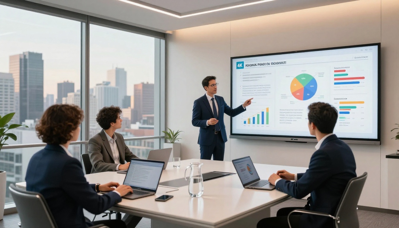 Presenter showing a digital flipbook proposal on a large boardroom screen to clients Presenter showing a digital flipbook proposal on a large boardroom screen to clients