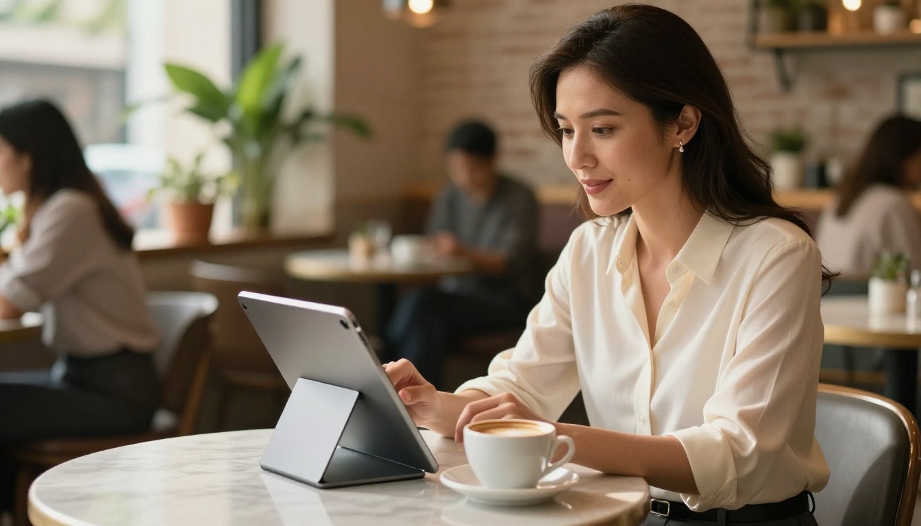 Professional woman reviewing a digital proposal on a tablet in a bright café setting Professional woman reviewing a digital proposal on a tablet in a bright café setting