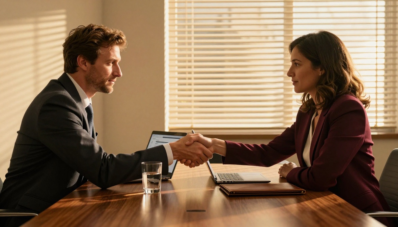 Two professionals completing a deal with a handshake over a conference table Two professionals completing a deal with a handshake over a conference table