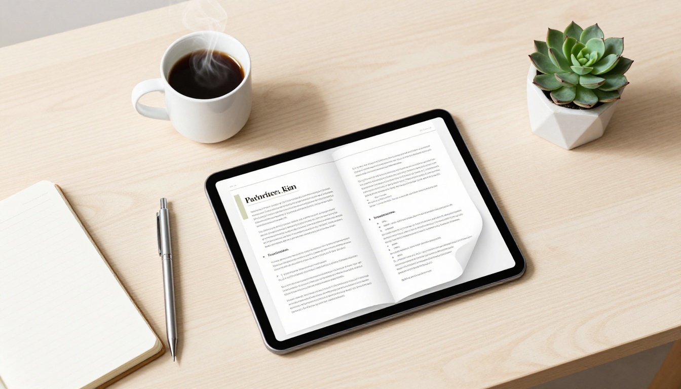Overhead flat-lay workspace with tablet showing flipbook proposal, coffee and notebook Overhead flat-lay workspace with tablet showing flipbook proposal, coffee and notebook