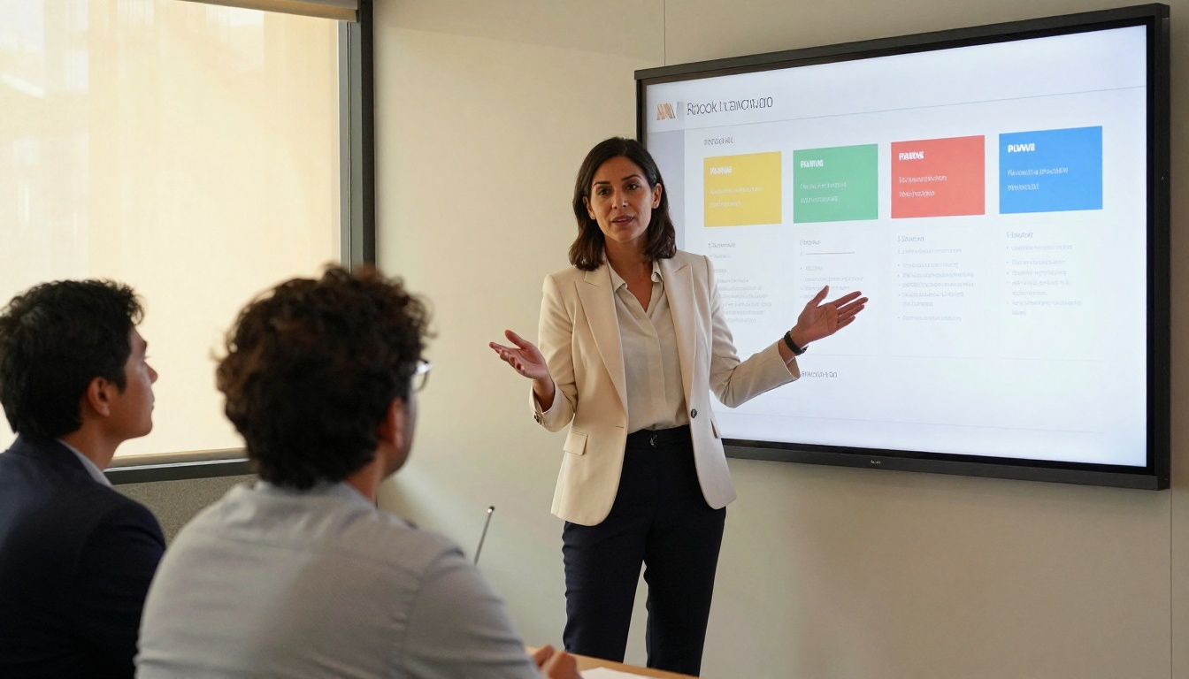Female executive presenting an interactive flipbook proposal to attentive clients in a boardroom Female executive presenting an interactive flipbook proposal to attentive clients in a boardroom