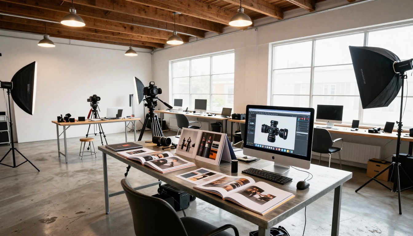 Wide-angle view of a professional commercial photography studio with portfolio books, camera equipment, and an iMac showing a digital flipbook Wide-angle view of a professional commercial photography studio with portfolio books, camera equipment, and an iMac showing a digital flipbook