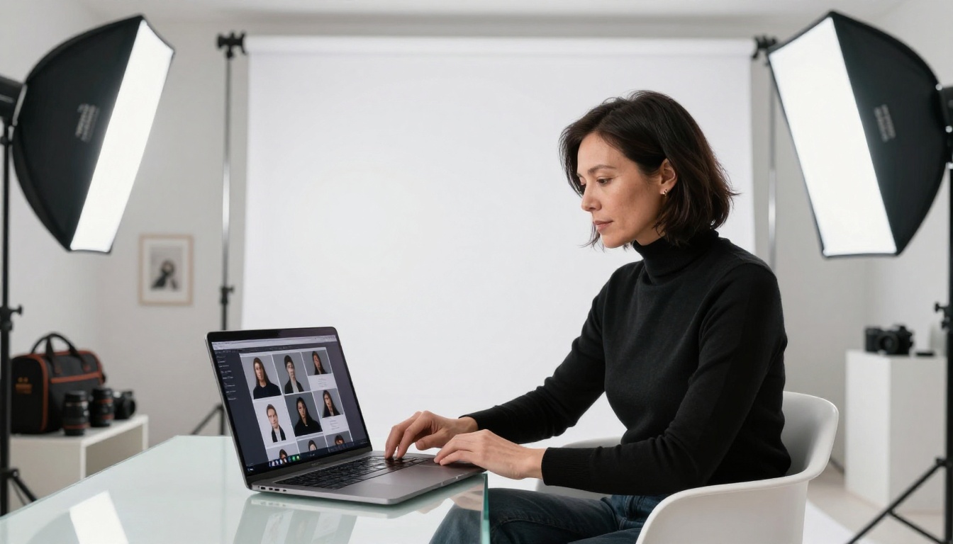 Portrait photographer in a minimal white studio reviewing finished work on a laptop with relaxed confidence Portrait photographer in a minimal white studio reviewing finished work on a laptop with relaxed confidence