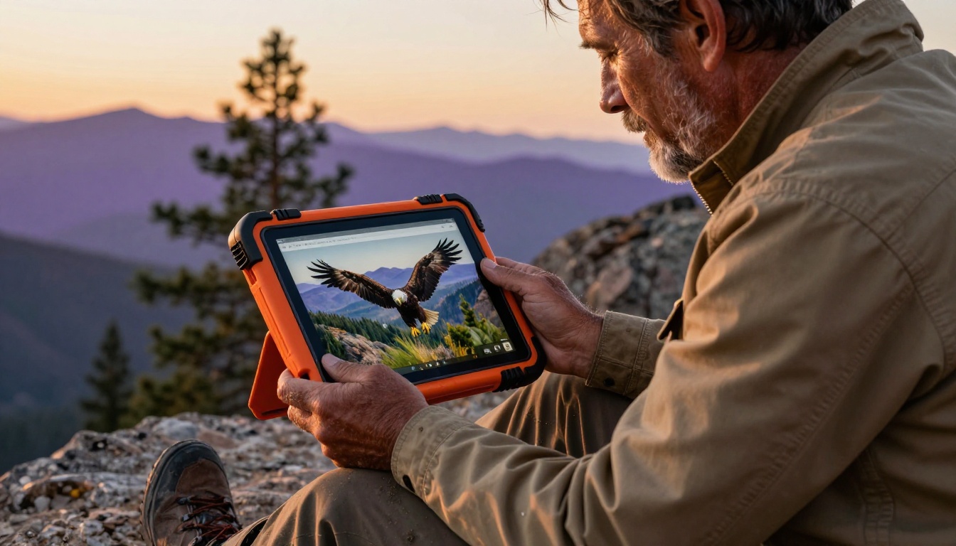 Wildlife photographer reviewing a portfolio flipbook on a rugged orange-cased tablet on a rocky mountain outcrop at golden hour sunset Wildlife photographer reviewing a portfolio flipbook on a rugged orange-cased tablet on a rocky mountain outcrop at golden hour sunset