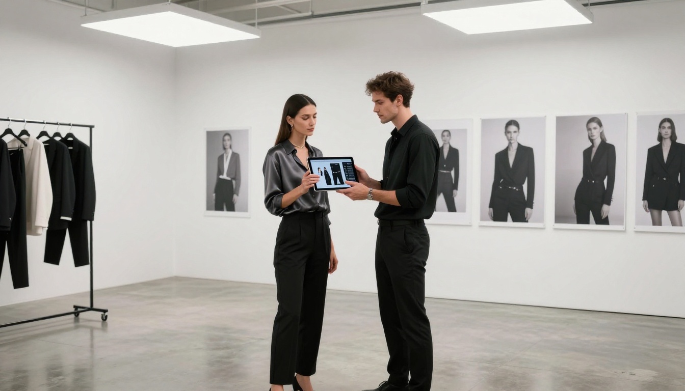 Fashion photographer in a sleek minimalist studio presenting a digital lookbook flipbook on an iPad to an elegant client Fashion photographer in a sleek minimalist studio presenting a digital lookbook flipbook on an iPad to an elegant client