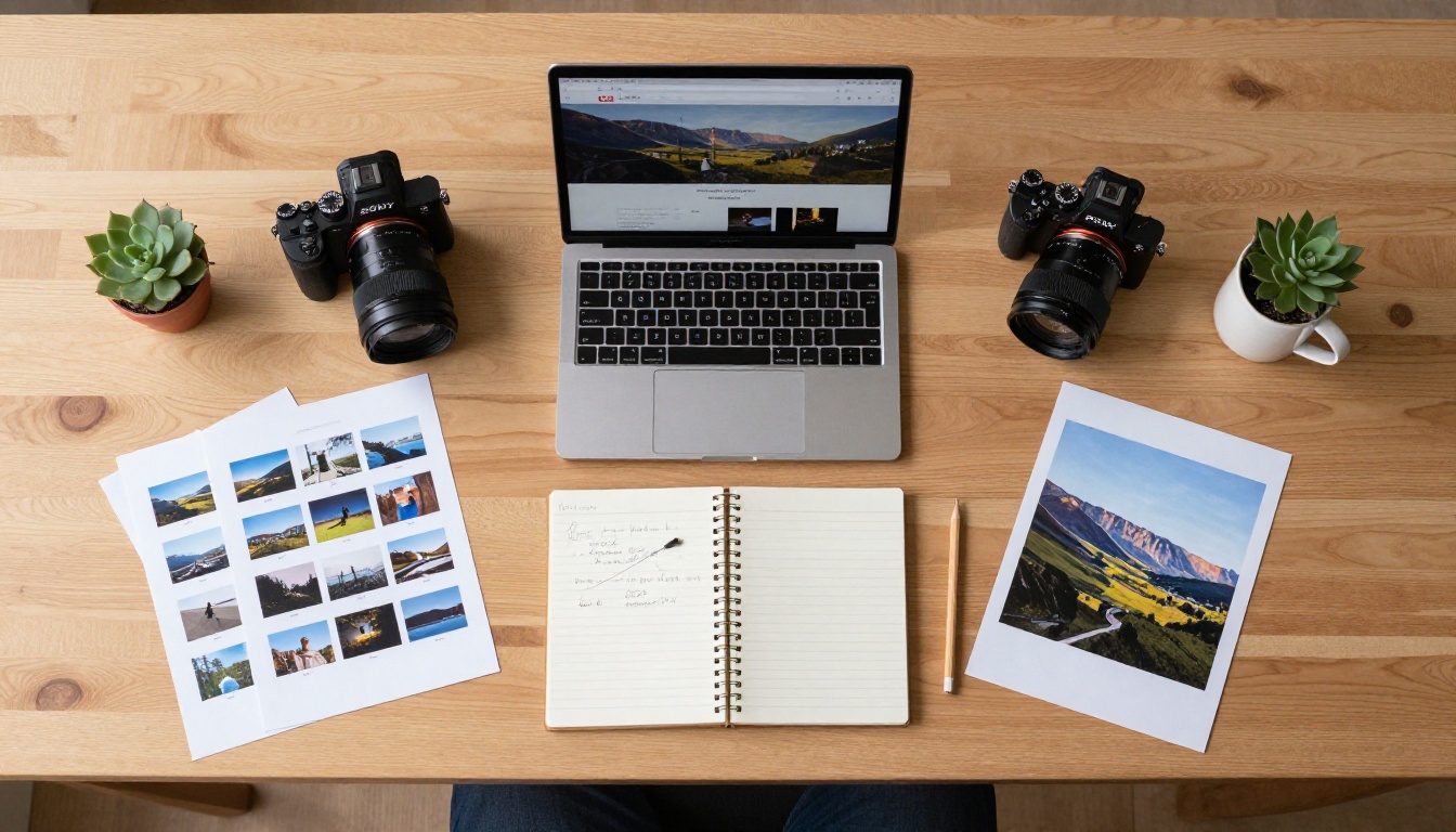 Overhead flat-lay aerial view of a photographer's creative workspace with camera, MacBook, contact sheets, notebook, and a ceramic coffee mug on a light wood desk Overhead flat-lay aerial view of a photographer's creative workspace with camera, MacBook, contact sheets, notebook, and a ceramic coffee mug on a light wood desk