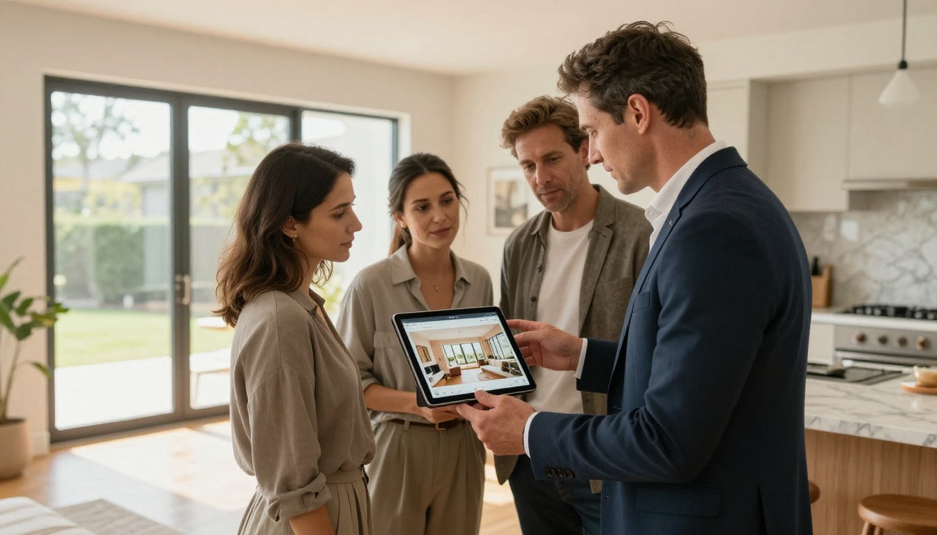 Real estate photographer showing a digital property portfolio flipbook to a couple inside a bright modern home with floor-to-ceiling windows Real estate photographer showing a digital property portfolio flipbook to a couple inside a bright modern home with floor-to-ceiling windows