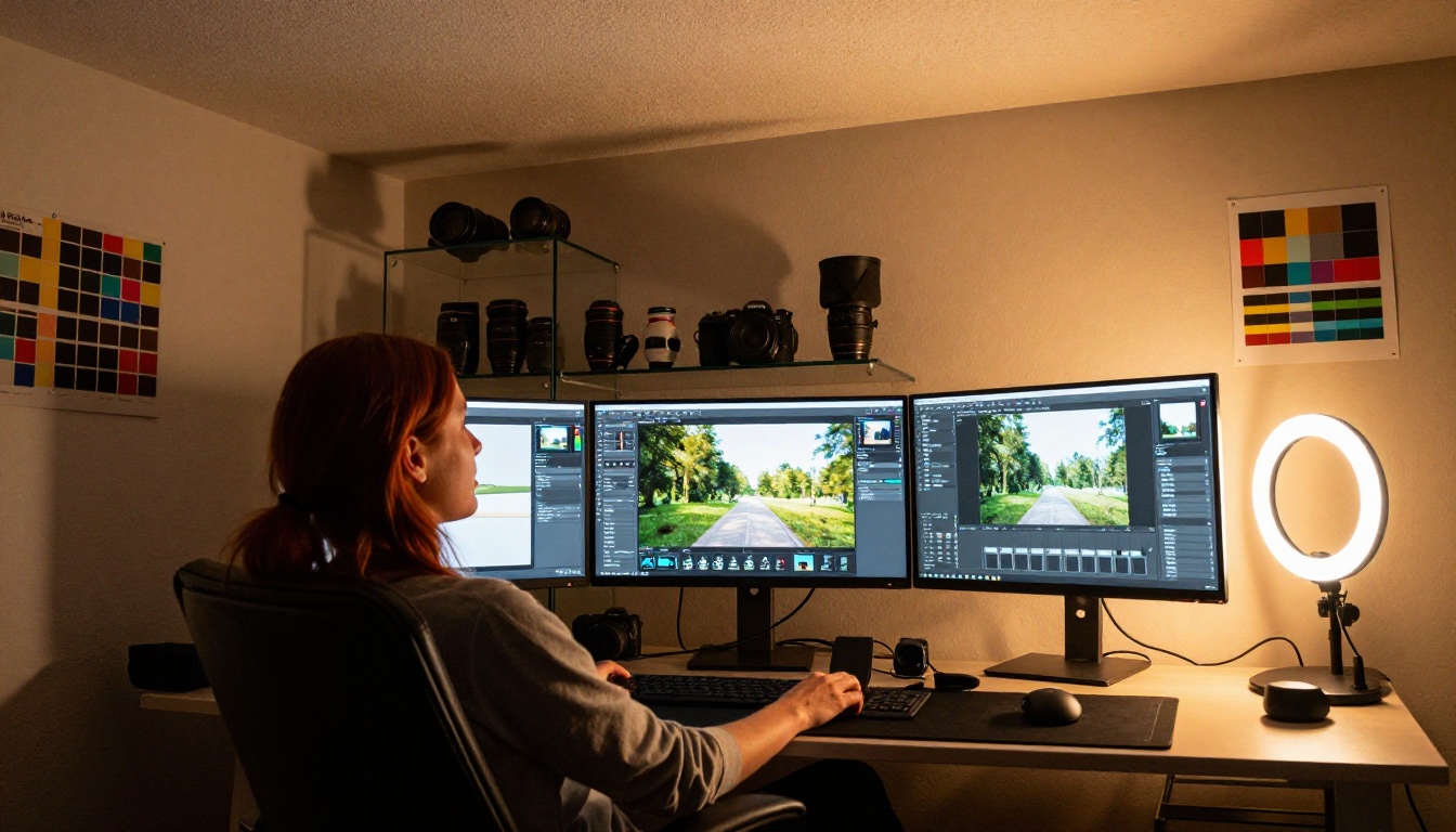 Female photographer viewed from a dramatic low angle at a three-monitor desk setup, center screen showing a full-screen digital photography flipbook Female photographer viewed from a dramatic low angle at a three-monitor desk setup, center screen showing a full-screen digital photography flipbook