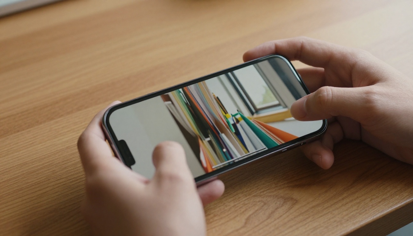 Hands holding smartphone displaying a colorful flipbook with page-turning animation on screen Hands holding smartphone displaying a colorful flipbook with page-turning animation on screen