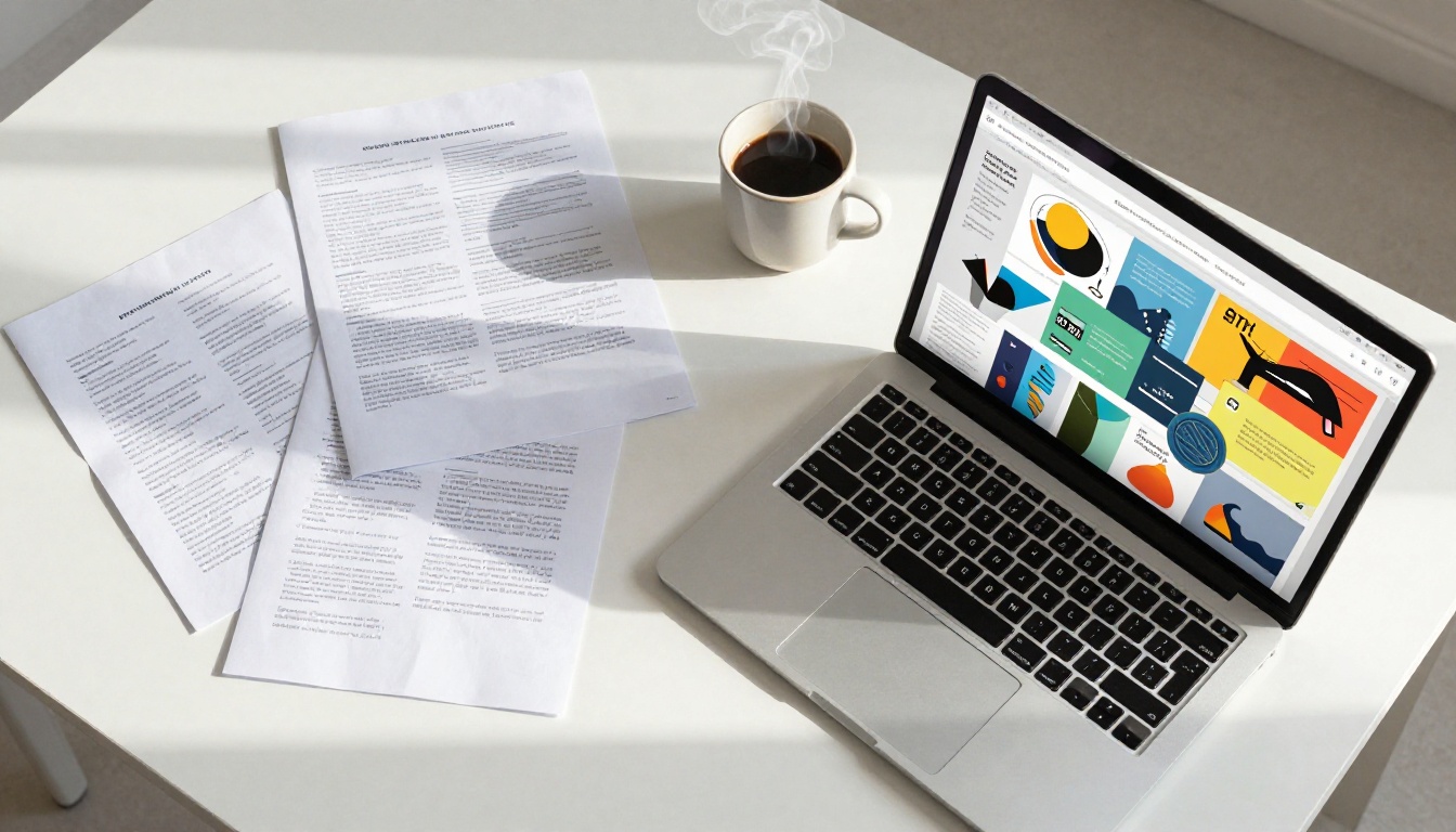 Business desk with scattered PDF documents alongside a laptop showing a vibrant interactive flipbook Business desk with scattered PDF documents alongside a laptop showing a vibrant interactive flipbook
