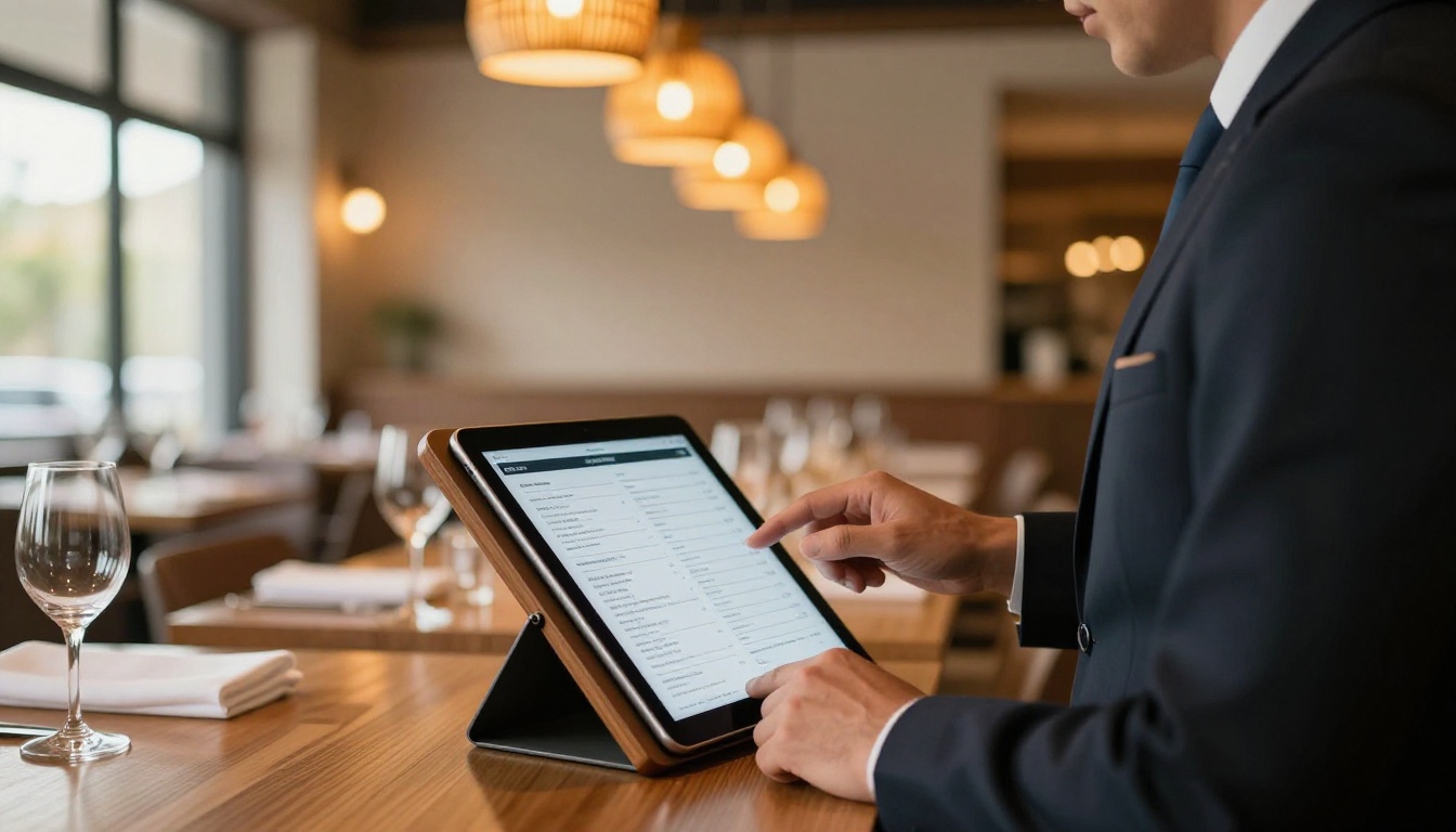 Restaurant manager reviewing a digital flipbook menu on an iPad in an upscale dining room with warm amber lighting Restaurant manager reviewing a digital flipbook menu on an iPad in an upscale dining room with warm amber lighting