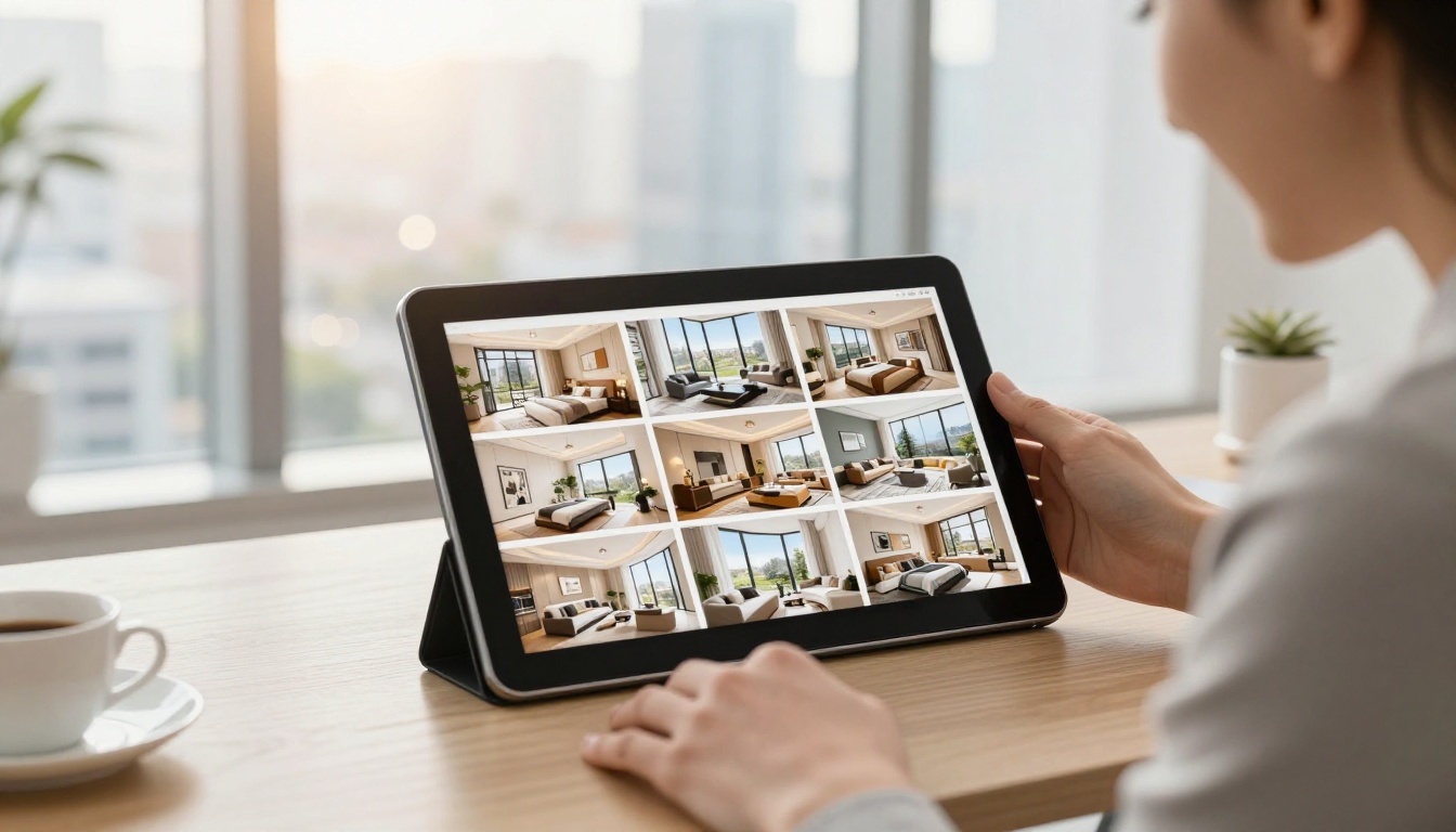 Real estate agent showing a client a flipbook property brochure on a tablet in a modern office with city skyline in background Real estate agent showing a client a flipbook property brochure on a tablet in a modern office with city skyline in background