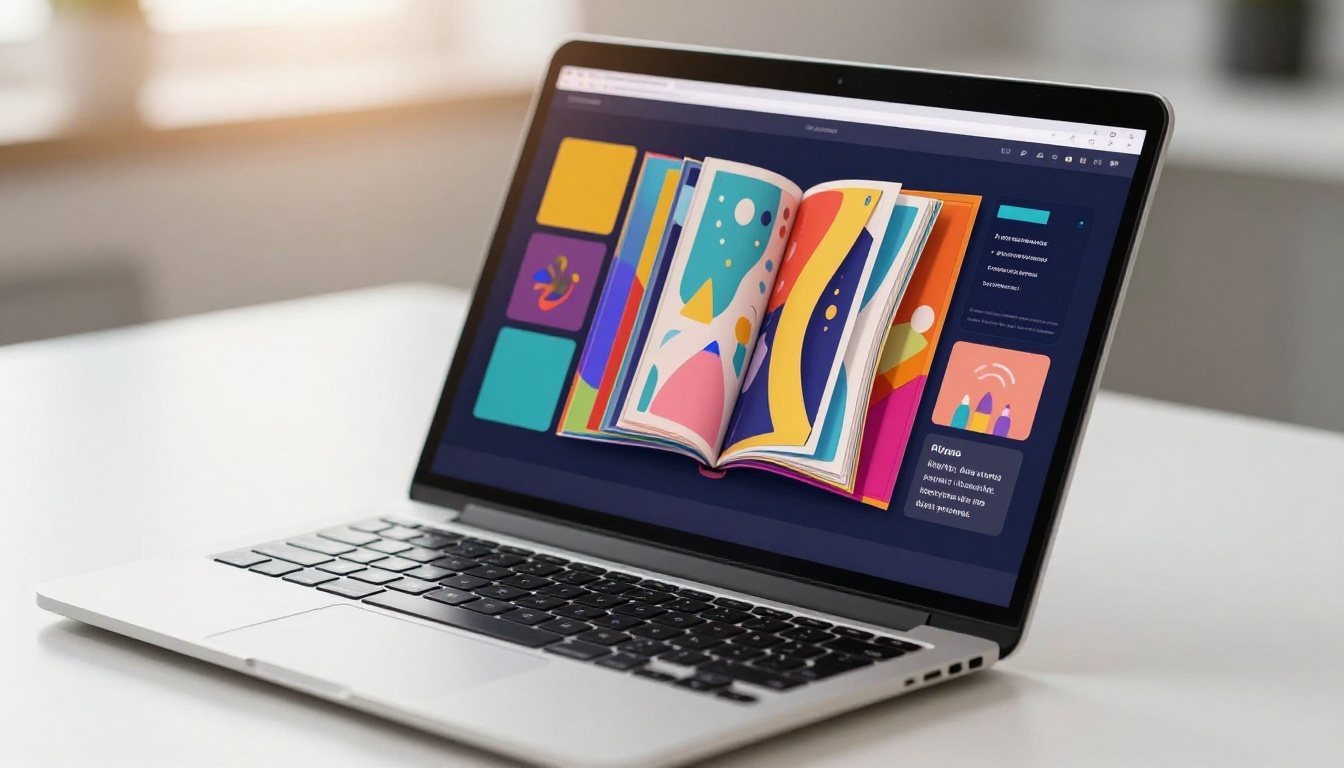 Laptop screen displaying a vivid colorful flipbook digital publication with pages mid-turn animation visible Laptop screen displaying a vivid colorful flipbook digital publication with pages mid-turn animation visible