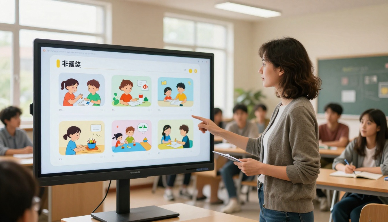 Teacher using a large interactive smartboard displaying a colorful flipbook educational material in a bright modern classroom Teacher using a large interactive smartboard displaying a colorful flipbook educational material in a bright modern classroom