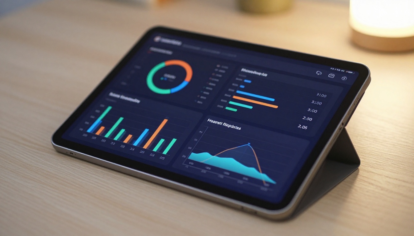 Tablet screen showing a clean analytics dashboard with colorful engagement charts and reader statistics for a flipbook Tablet screen showing a clean analytics dashboard with colorful engagement charts and reader statistics for a flipbook