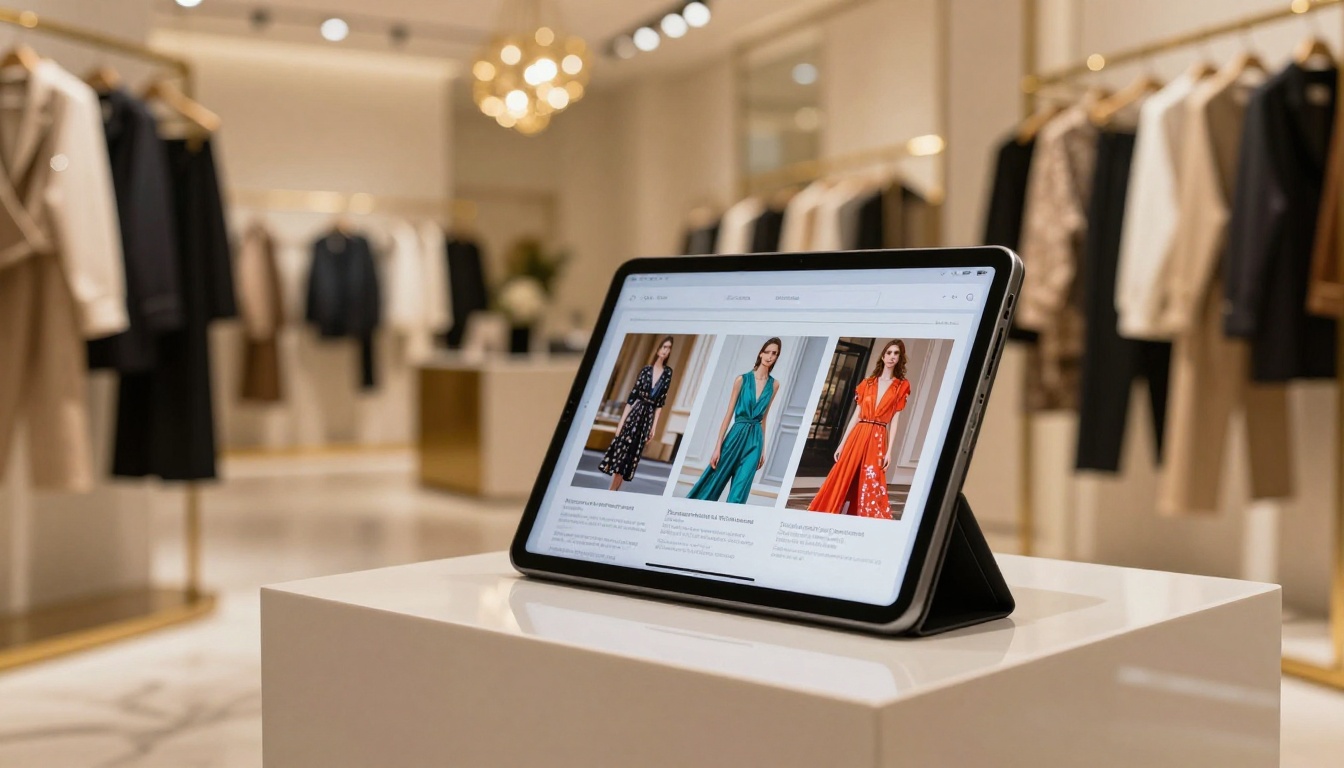Fashion catalog flipbook displayed on a high-end tablet in an elegantly decorated boutique retail setting with warm store lighting Fashion catalog flipbook displayed on a high-end tablet in an elegantly decorated boutique retail setting with warm store lighting