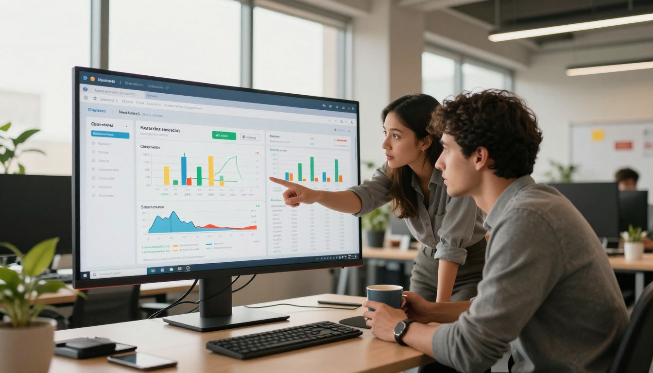 Marketing team of three reviewing newsletter performance analytics dashboard on large curved monitor in bright open-plan office Marketing team of three reviewing newsletter performance analytics dashboard on large curved monitor in bright open-plan office