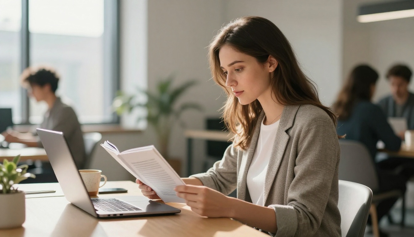 Young professional woman reading a flipbook on her laptop in a bright modern co-working space with natural window light Young professional woman reading a flipbook on her laptop in a bright modern co-working space with natural window light