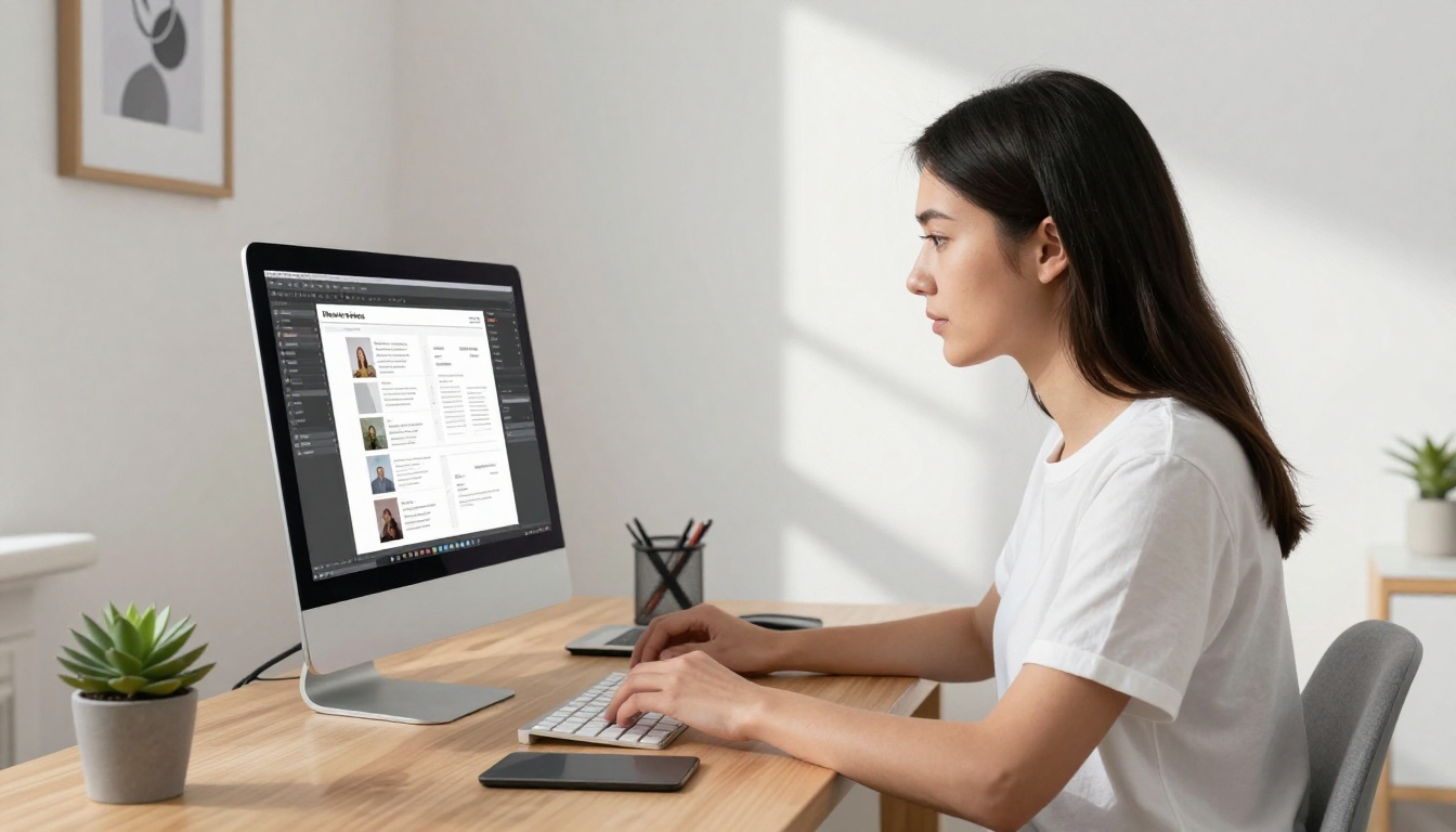 Focused graphic designer woman working on newsletter layout on iMac in clean minimal home studio Focused graphic designer woman working on newsletter layout on iMac in clean minimal home studio